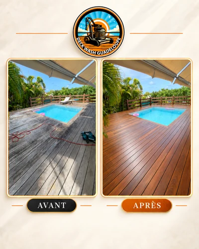 Chantier Deck Wash Guadeloupe : terrasse en bois avant et après intervention