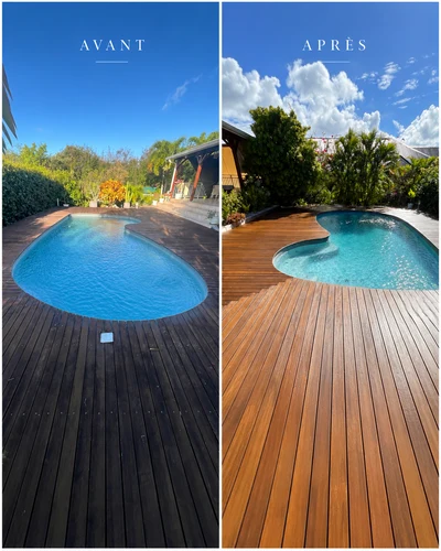 Chantier Deck Wash Guadeloupe : terrasse en bois avant et après intervention