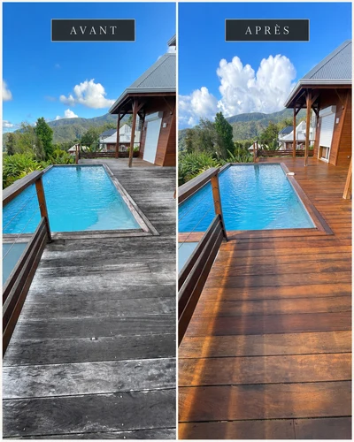 Chantier Deck Wash Guadeloupe : terrasse en bois avant et après intervention