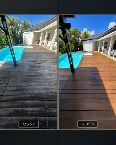Chantier Deck Wash Guadeloupe : terrasse en bois avant et après intervention