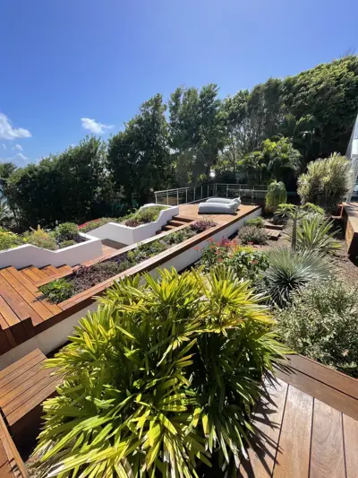 Deck en bois dans un jardin tropical